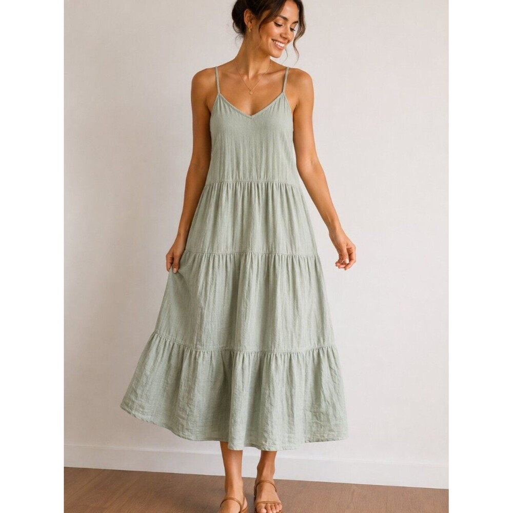ABLE Textured Cotton Gauze Tiered Maxi Dress Size Large 100% Cotton Sage Green